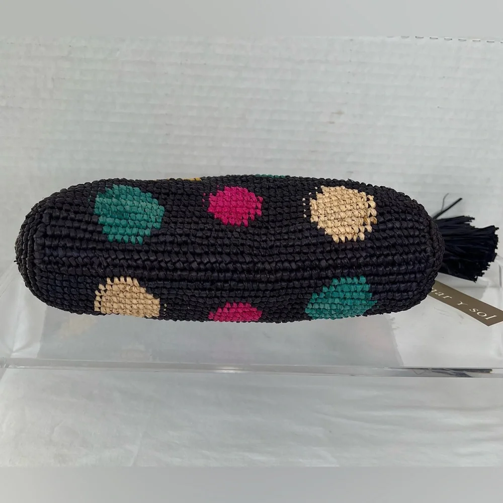 Mar y Sol Crocheted Raffia Clutch w/Polka Dots, NWT